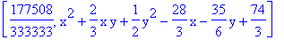 [177508/333333, x^2+2/3*x*y+1/2*y^2-28/3*x-35/6*y+74/3]